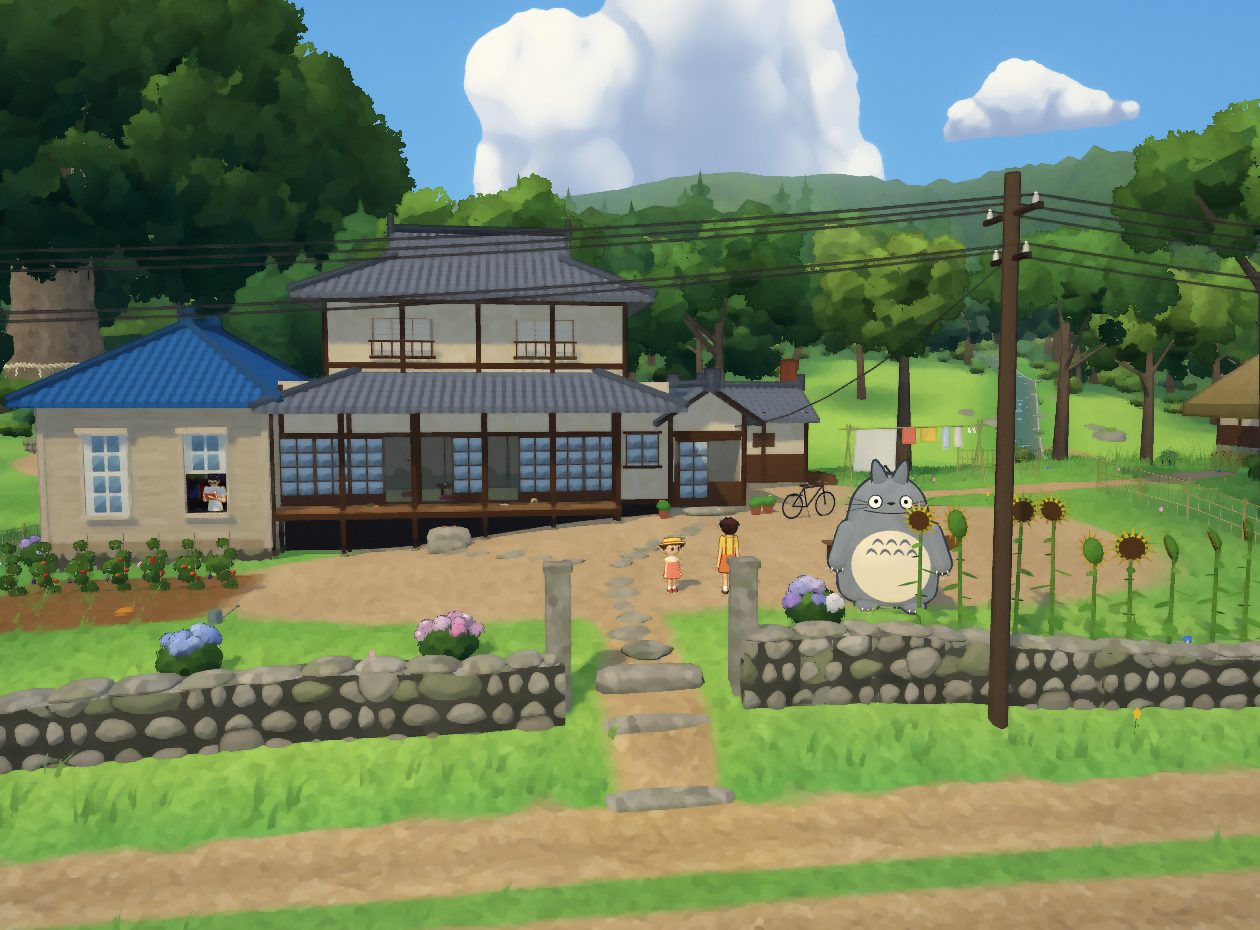 Totoro Kakurenbo — an old Japanese farmhouse on a summer afternoon, with Totoro, Satsuki and Mei in the front yard