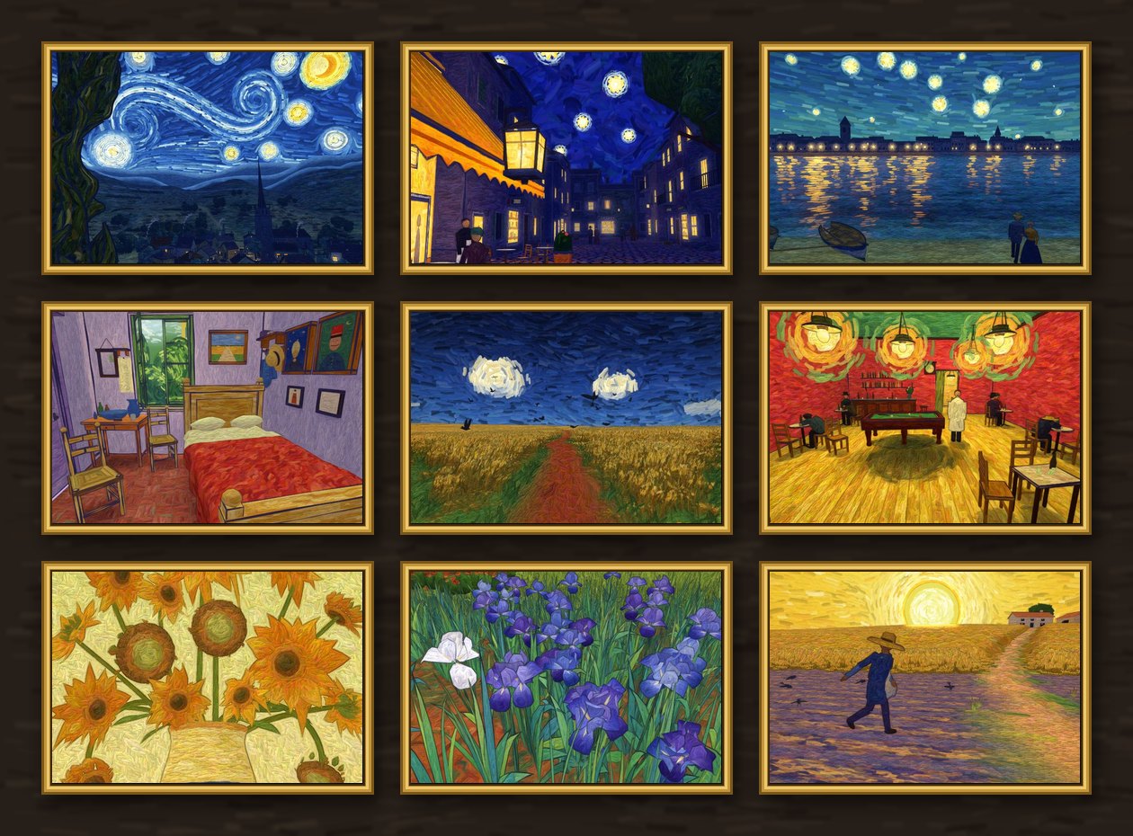 Vincent's Cats — nine Van Gogh paintings hung in gilt frames: The Starry Night, Café Terrace at Night, Starry Night Over the Rhône, The Bedroom, Wheatfield with Crows, The Night Café, Sunflowers, Irises and The Sower